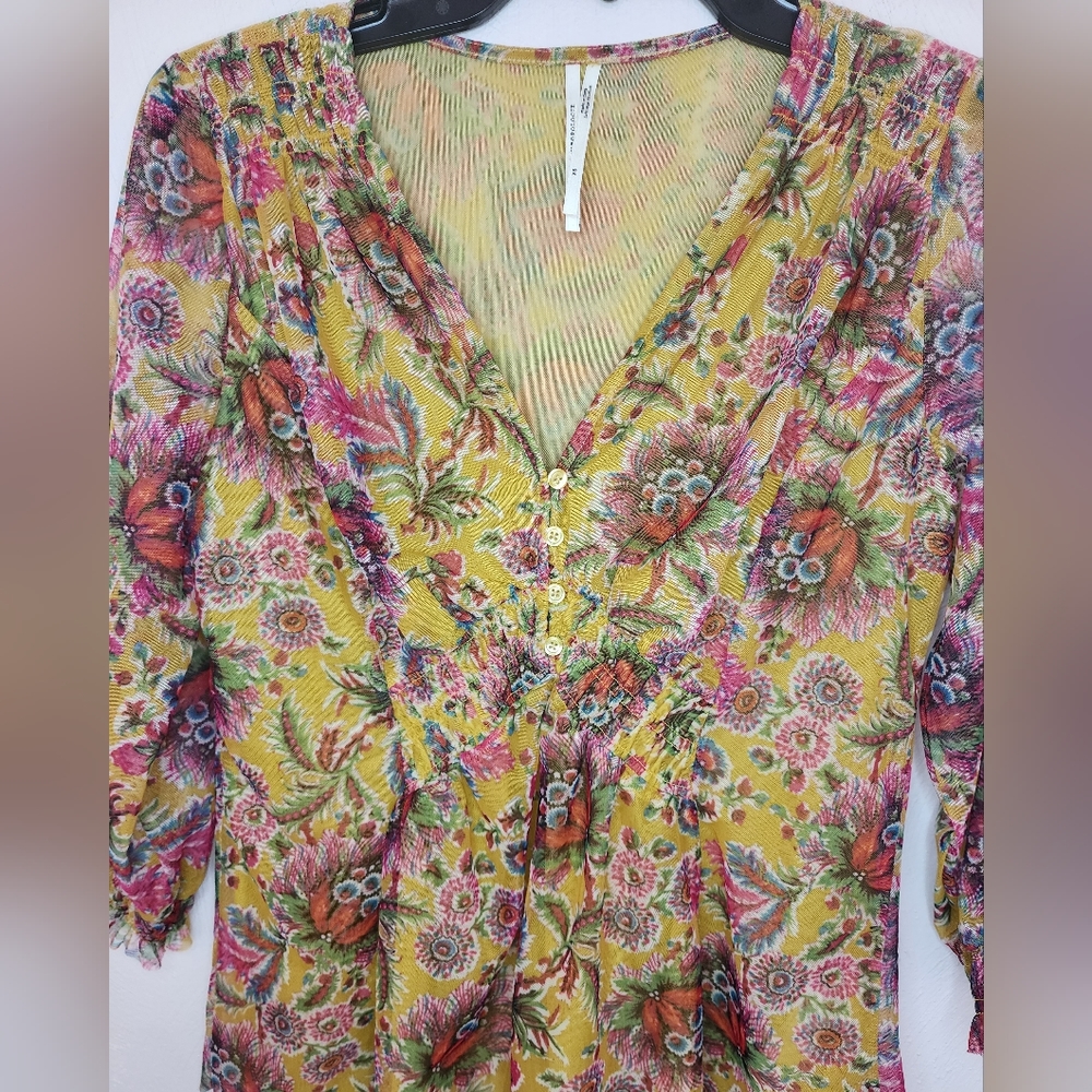 Anthropologie Gretchen V-Neck Floral Smocked Mesh Tunic Top XS Yellow Pink Boho - Picture 5 of 8